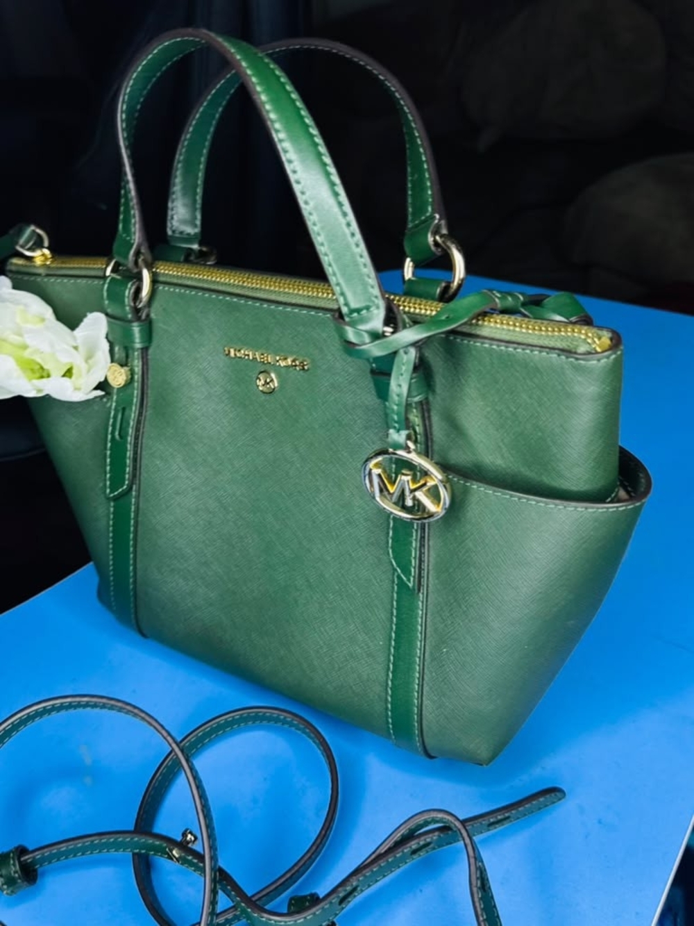 Michael Kors Tote Shoulder Emerald Green Saffiano Leather Satchel Bag - Picture 3 of 4